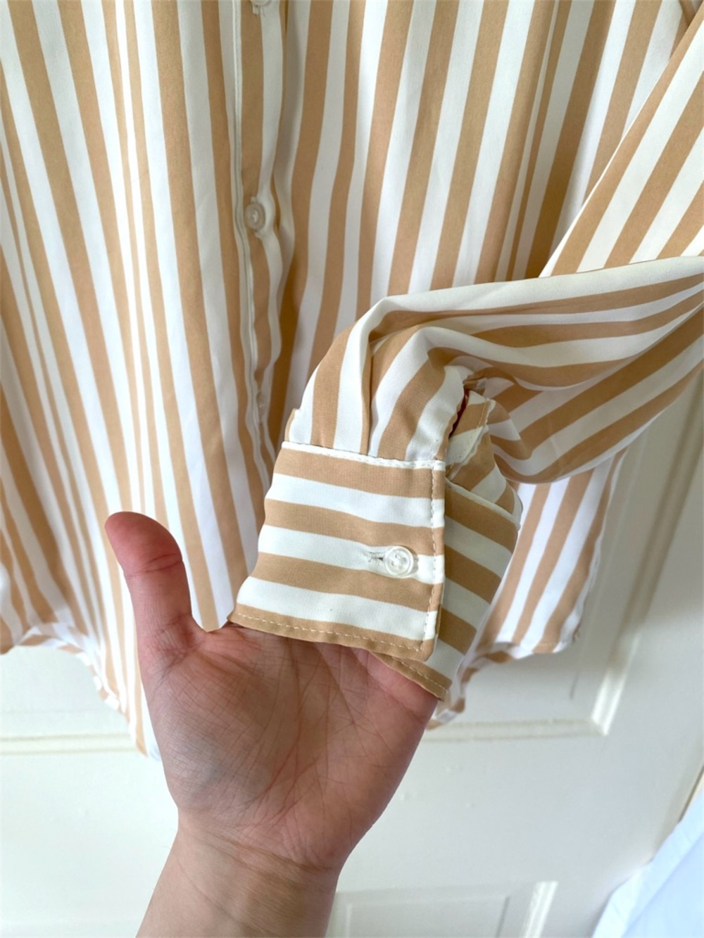 Olive & Oak Tan White Striped Button Down Blouse Womens Small Long Sleeve - Picture 6 of 12